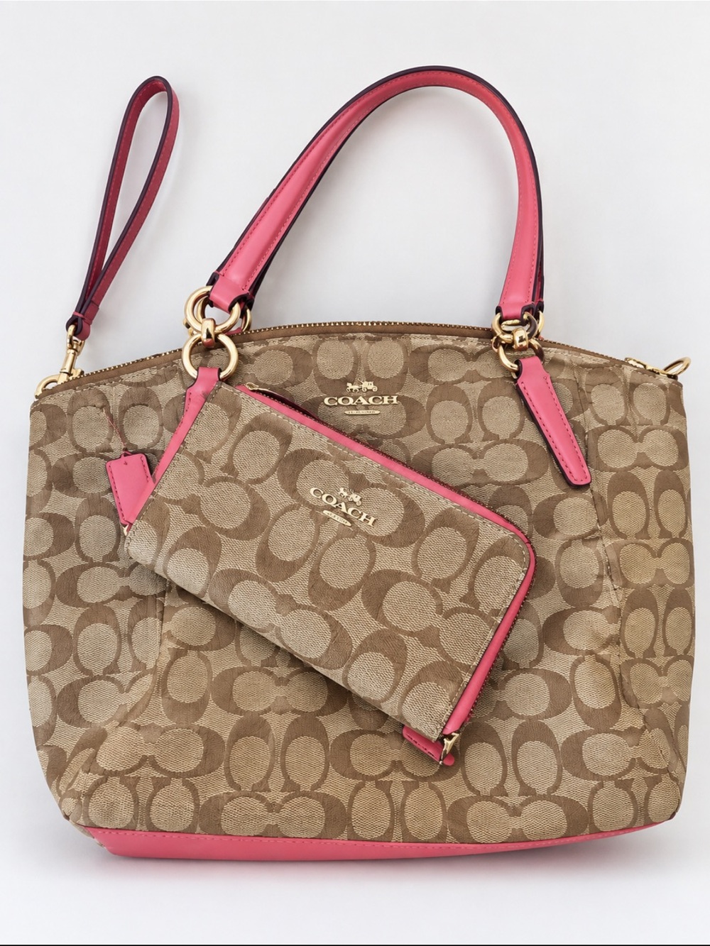 Coach Tan Signature Canvas Tote with Pink Leather Handles